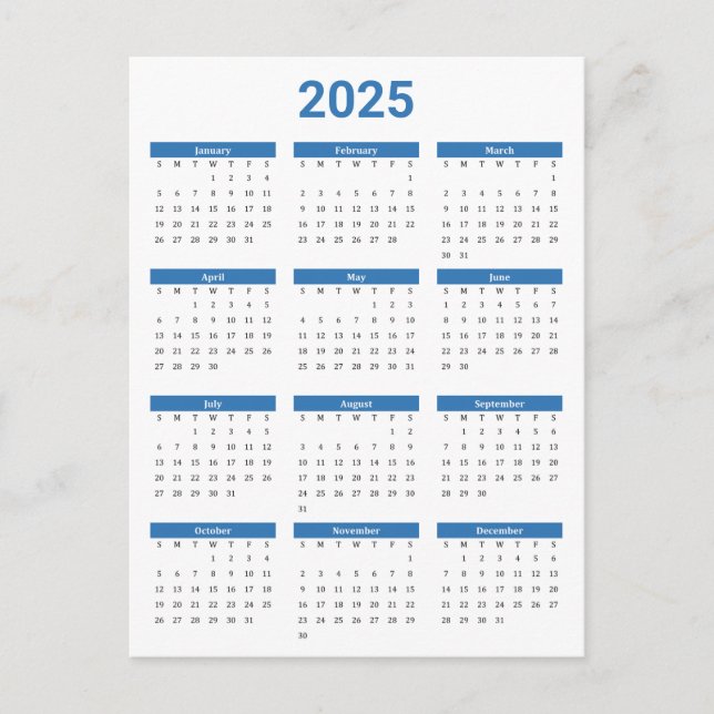 Blue & White 2025 Year at a Glance Calendar Vykort (Framsida)