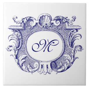 Blue & White Baroque Cartouche Snäcka Monogram Kakelplatta