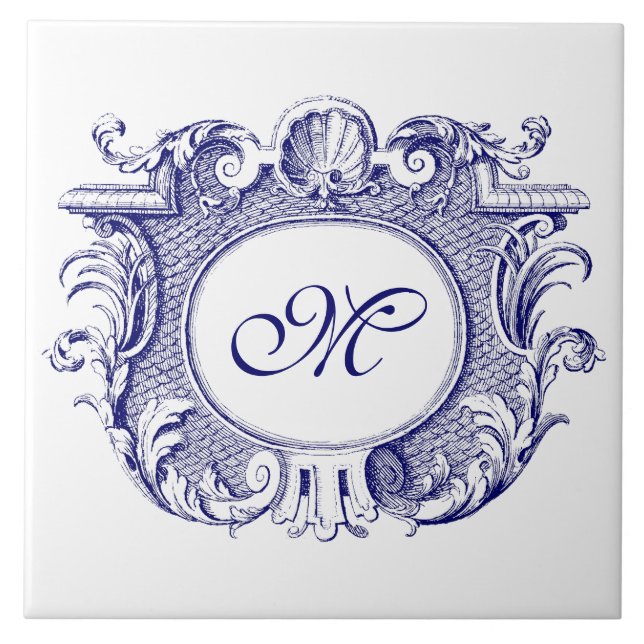 Blue & White Baroque Cartouche Snäcka Monogram Kakelplatta (Framsidan)