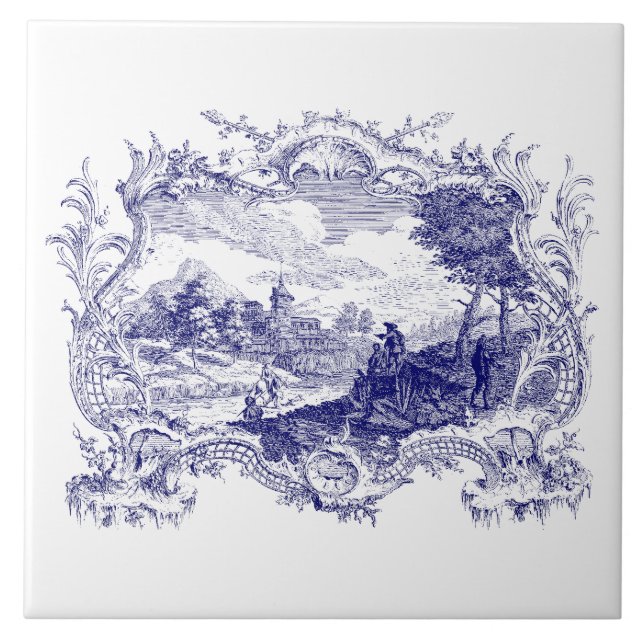 Blue & White Baroque Rococo Cartouche Castle Kakelplatta (Framsidan)