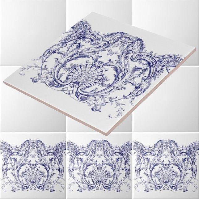 Blue & White Baroque Rococo Cartouche Frieze Kakelplatta (Skapare uppladdad)