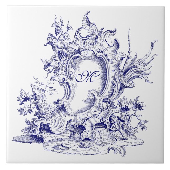 Blue & White Baroque Rococo Cartouche Monogram Kakelplatta (Framsidan)