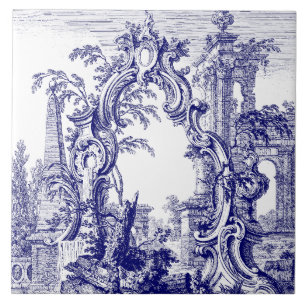 Blue & White Baroque Rococo Cartouche Ruins Kakelplatta