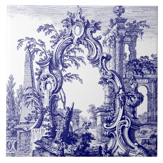 Blue & White Baroque Rococo Cartouche Ruins Kakelplatta (Framsidan)