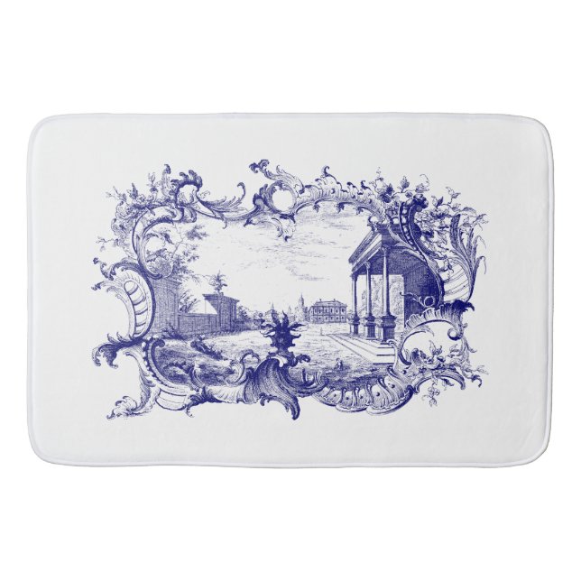 Blue & White Baroque Rococo Cartouche Ruins Scene Badrumsmatta (Framsidan)
