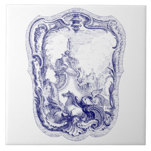 Blue & White Baroque Rococo Cartouche Sjöjungfruar Kakelplatta