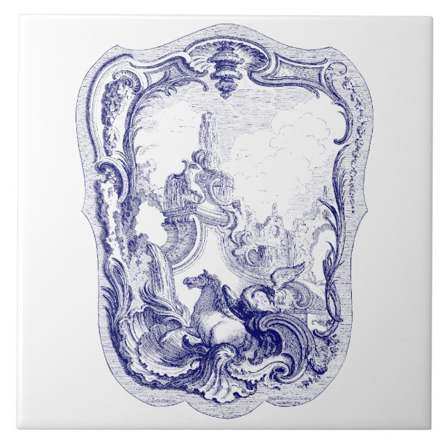 Blue & White Baroque Rococo Cartouche Sjöjungfruar Kakelplatta (Framsidan)