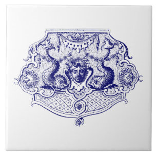 Blue & White Baroque Rococo Dolphin Cartouche Kakelplatta
