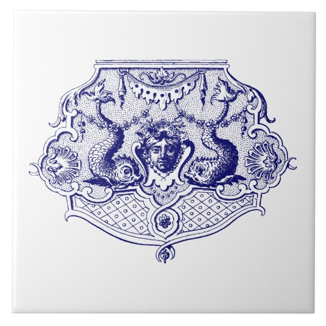 Blue & White Baroque Rococo Dolphin Cartouche Kakelplatta (Framsidan)