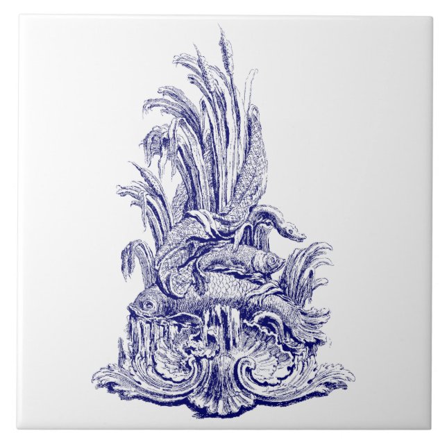 Blue & White Baroque Rococo Rocaille Fish Fontän Kakelplatta (Framsidan)