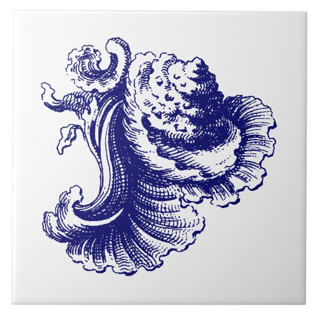 Blue & White Baroque Rococo Rocaille Sea Snäcka Kakelplatta (Framsidan)