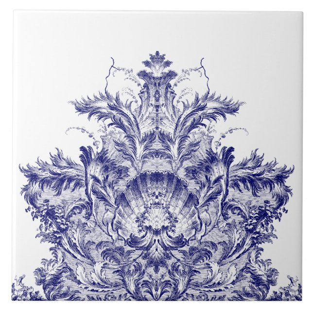 Blue & White Baroque Rococo Rocaille Snäcka Frieze Kakelplatta (Framsidan)