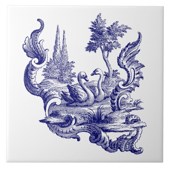 Blue & White Baroque Rococo Rocaille Svan Pair Kakelplatta (Framsidan)