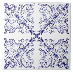 Blue & White Baroque Rococo Seashells Mönster Kakelplatta