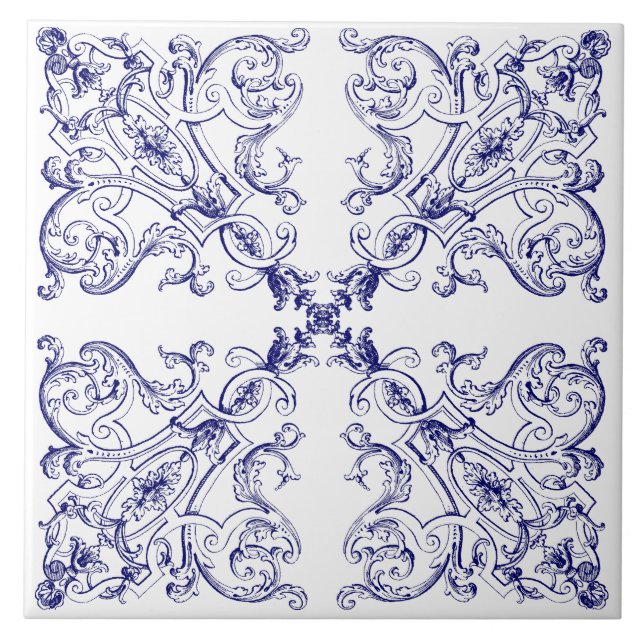 Blue & White Baroque Rococo Seashells Mönster Kakelplatta (Framsidan)