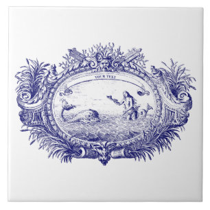 Blue & White Baroque Rococo Sjöjungfru Fish Cartou Kakelplatta
