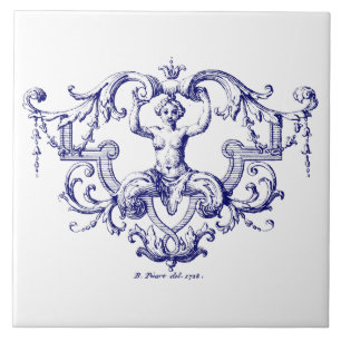 Blue & White Baroque Rococo Sjöjungfru Kakelplatta