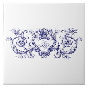 Blue & White Baroque Rococo Snäcka Cartouche Friez Kakelplatta