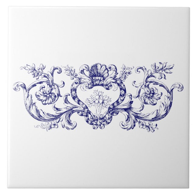 Blue & White Baroque Rococo Snäcka Cartouche Friez Kakelplatta (Framsidan)