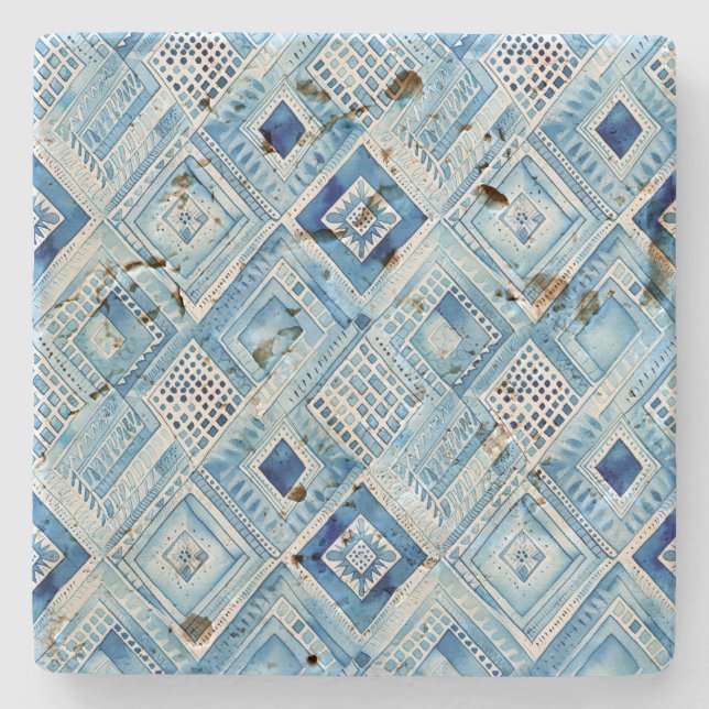 Blue White Batik Square Jewel Stenunderlägg (Framsidan)