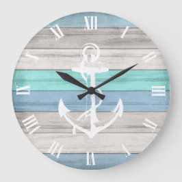 Blue & White Beach Wood Nautical Rand & Anchor Stor Klocka