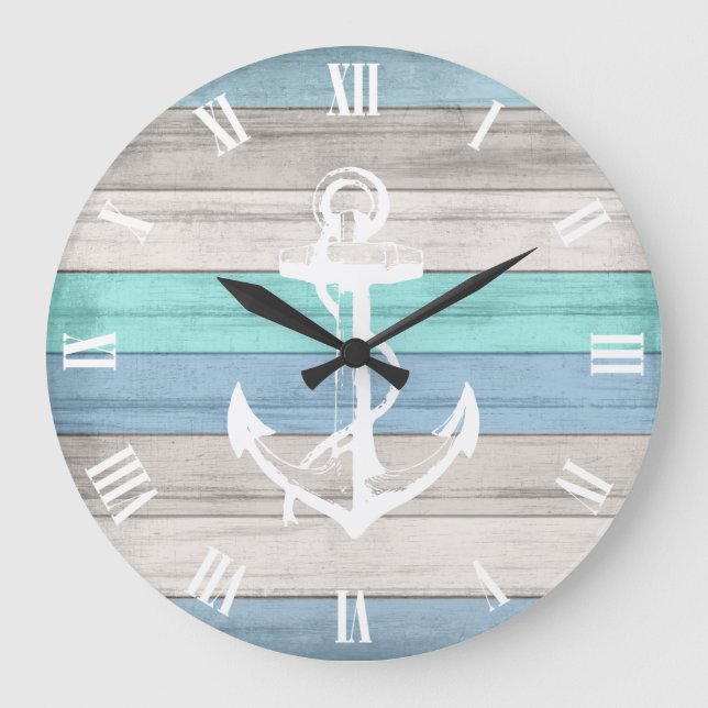 Blue & White Beach Wood Nautical Rand & Anchor Stor Klocka (Framsida)