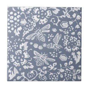 Blue White Bee Botanical Delft Dedham Painting Kakelplatta