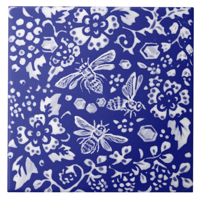Blue White Bee Honung Blommigt Farmhouse Rustic Ar Kakelplatta (Framsidan)