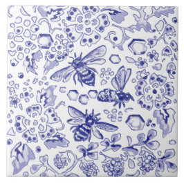 Blue White Bee Honung Blommigt Farmhouse Rustic Ar Kakelplatta