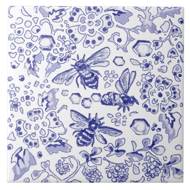 Blue White Bee Honung Blommigt Farmhouse Rustic Ar Kakelplatta (Framsidan)