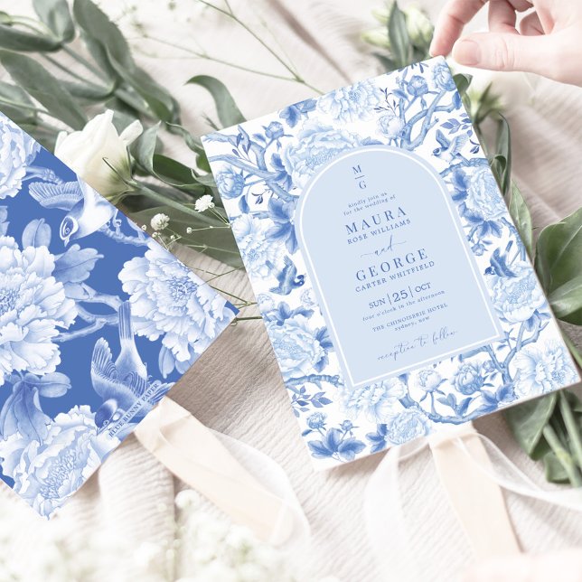 Blue White Birds Peony Chinoiserie Garden Wedding Inbjudningar (Skapare uppladdad)
