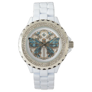 Blue White Black Guld Söt Gems Dragonfly Armbandsur
