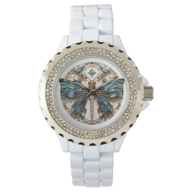 Blue White Black Guld Söt Gems Dragonfly Armbandsur (Framsida)