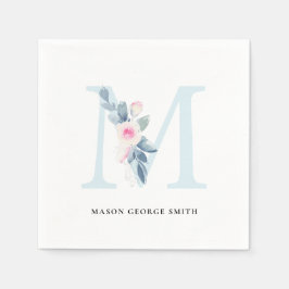 BLUE WHITE BLOMMIGT ALFABETS BREV M PAPPERSSERVETT