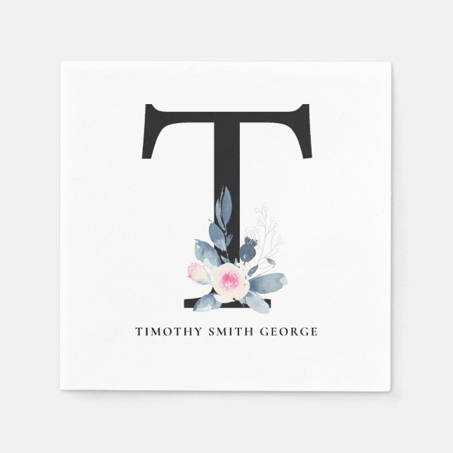  BLUE WHITE BLOMMIGT ALPHABETS BREV T PAPPERSSERVETT (Framsidan)