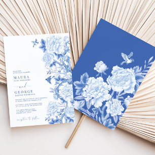 Blue White Blommigt Birds Chinoiserie Garden Weddi Inbjudningar