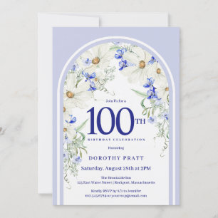Blue White Blommigt Boho Arch 100:e Födelsedagsfes Inbjudningar