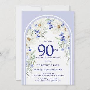 Blue White Blommigt Boho Arch 90:e Födelsedagsfest Inbjudningar