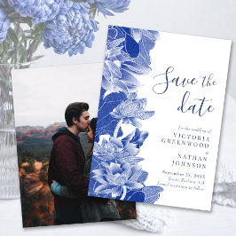Blue White Blommigt Chinoiserie Photo Save Date Spara Datumet