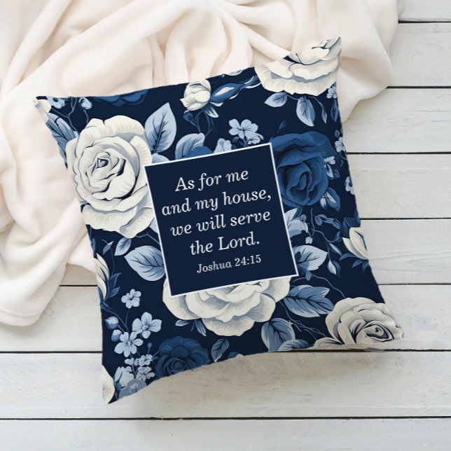 Blue White Blommigt Christian Bible Verse Kudde (Navy blue white floral Christian Bible verse decorator pillow)