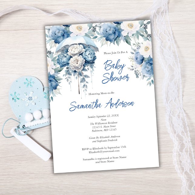 Blue White Blommigt Parbrella Boy Shower Inbjudningar (Dusty Blue White Floral Baby Shower Umbrella Baby Boy Baby Shower Invitation)