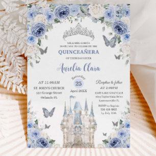 Blue White Blommigt Princess Castle Quinceañera XV Inbjudningar