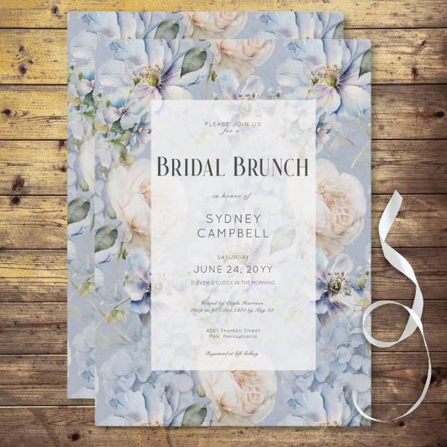 Blue & White Blommigt Rustic Romantic Möhippa Brun Inbjudningar (Blue & White Floral Rustic Romantic Bridal Brunch Invitation)