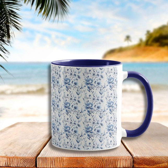 Blue White Blommigt Toile Chinoiserie Watercolor Mugg (Blue White Watercolor Floral Toile Chinoiserie Mug. All Over print)