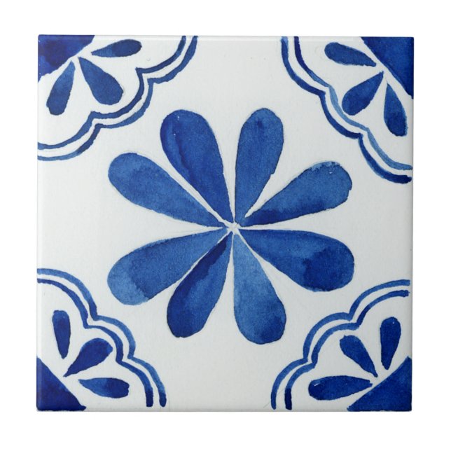 Blue & White Blommönster Mediterranean Kakelplatta (Framsidan)