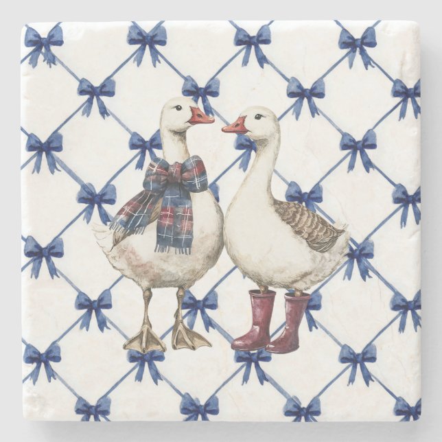 Blue White Bows Geese Christmas Stenunderlägg (Framsidan)