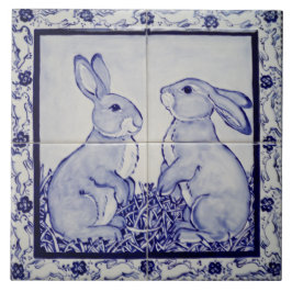 Blue & White Bunny Rabbit Dedham Delft Whimsical Kakelplatta