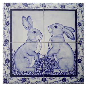 Blue & White Bunny Rabbit Dedham Delft Whimsical Kakelplatta