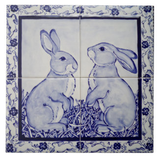 Blue & White Bunny Rabbit Dedham Delft Whimsical Kakelplatta