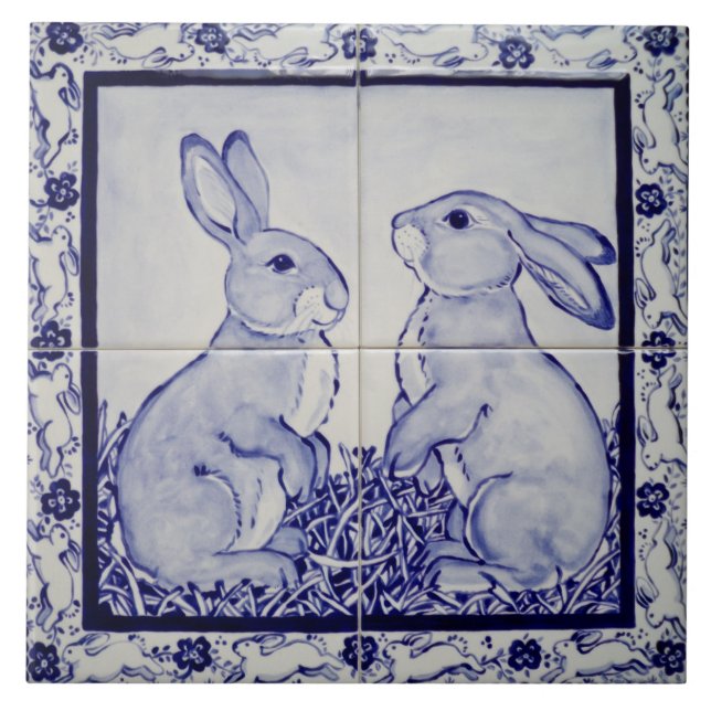 Blue & White Bunny Rabbit Dedham Delft Whimsical Kakelplatta (Framsidan)